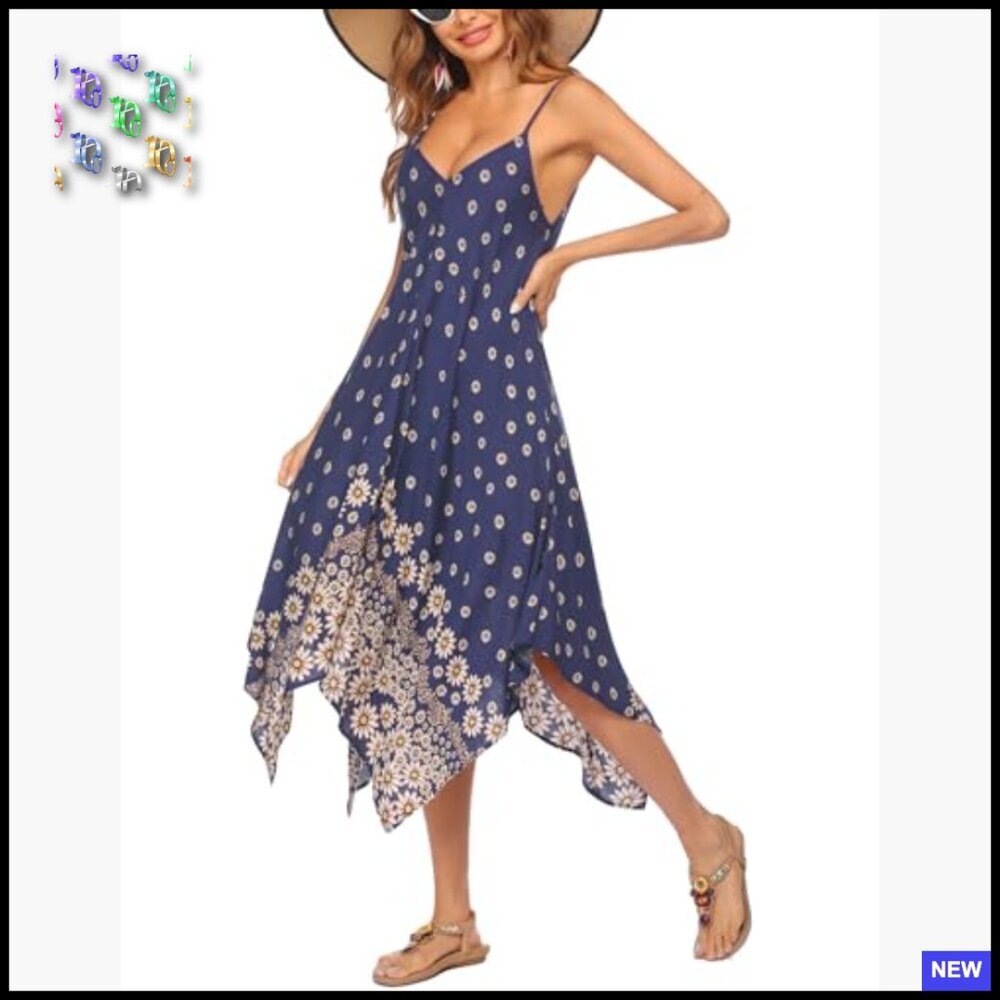 Boho Sundress Spaghetti Strap Cover Up Flowy Midi Beach Vacation Dress - Picture 3 of 7